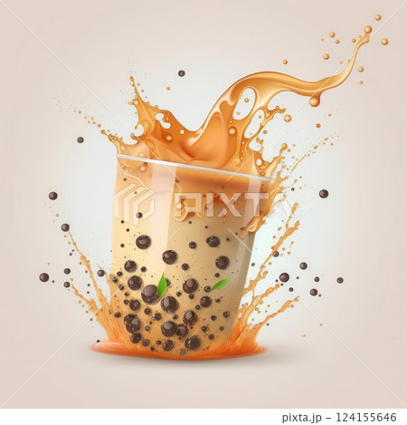 AI generated Brown sugar pearl milk tea splashing from plastic cup 124155646