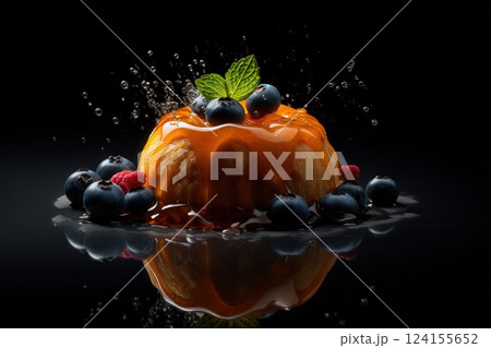 AI generated Delicious pudding cake with caramel topping, berries, and splashing water droplets on dark background 124155652