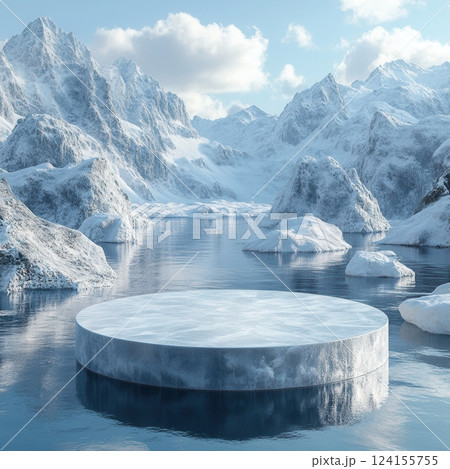 AI generated Round icy podium floating on a frozen lake with snowy mountains in the background 124155755