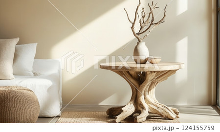 AI generated Round end table with driftwood base illuminating a beige living room 124155759