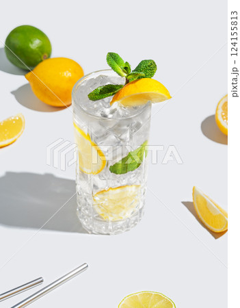 Lemon drink with mint and ice in a glass on a white background with shadow and fruits. Lemon drink with mint and ice in a glass on a white background with shadow and fruits. 124155813