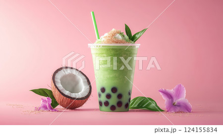Ai generated refreshing matcha bubble tea with coconut and tropical flowers on pink background 124155834