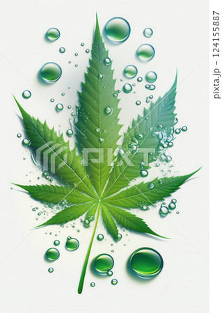 AI generated Fresh cannabis leaf submerged in sparkling water with bubbles 124155887