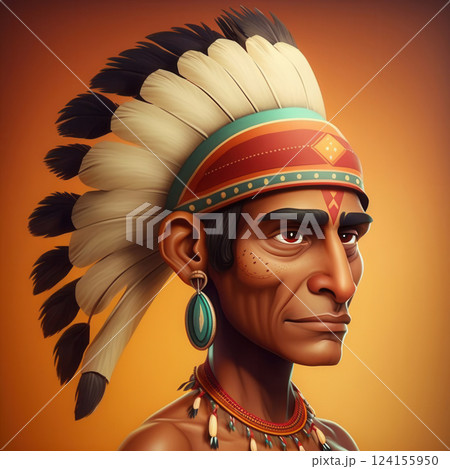 AI generated Serious indigenous chief wearing traditional headdress and tribal necklace 124155950