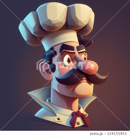 AI generated Cartoon chef avatar with mustache and toque showing a determined expression 124155953