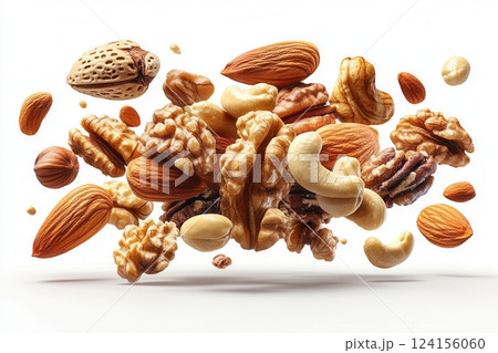 AI generated Mixed nuts falling and flying on white background 124156060