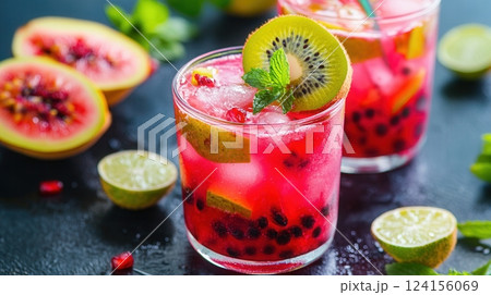 AI generated Bartender preparing exotic fruit cocktail with kiwi, lime, pomegranate and mint 124156069