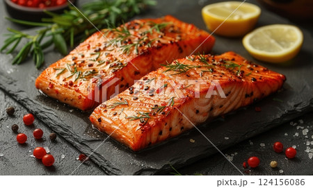 AI generated Delicious roasted salmon fillets with lemon, rosemary and pepper 124156086