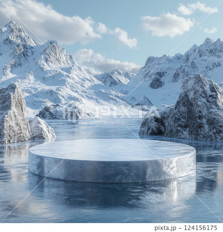 AI generated Round metallic podium standing on a frozen lake in snowy mountains 124156175