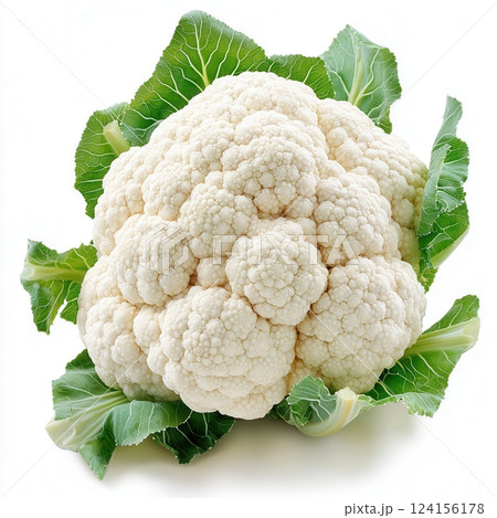 AI generated Fresh Cauliflower Head Resting on Vibrant Green Leaves 124156178