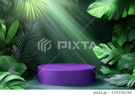 AI generated Purple podium with tropical leaves and volumetric light beams illuminating it 124156194