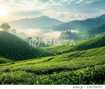 AI generated Sunrise illuminating fog over green tea plantation in rolling hills 124156207