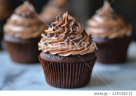 AI generated Delicious chocolate cupcakes with chocolate chips topping sitting on marble surface 124156215