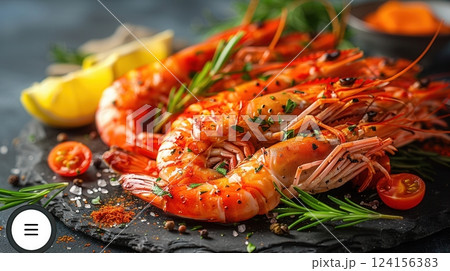AI generated Grilled shrimps seasoned with herbs and spices lying on a black slate plate 124156383
