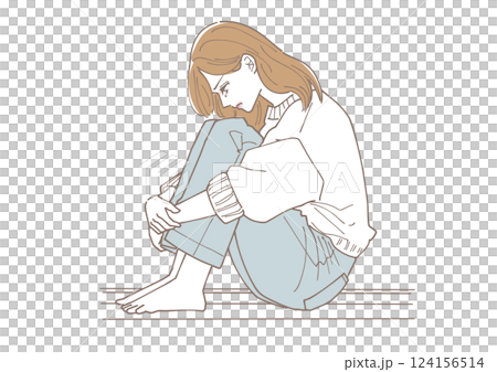 A young woman sitting on the floor and feeling depressed A young woman sitting on the floor and feeling depressed 124156514