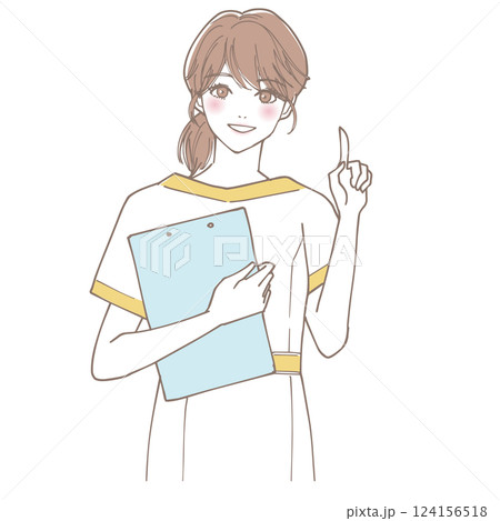 人差し指を立てて説明しているエステの店員 人差し指を立てて説明しているエステの店員 124156518