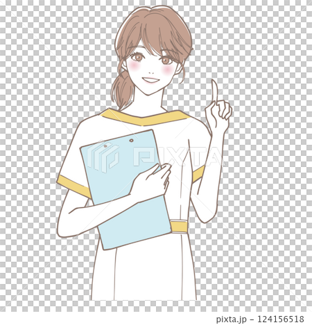 人差し指を立てて説明しているエステの店員 人差し指を立てて説明しているエステの店員 124156518