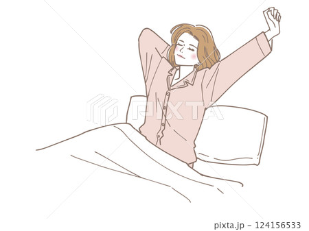 朝爽やかに起きて伸びをする女性 朝爽やかに起きて伸びをする女性 124156533