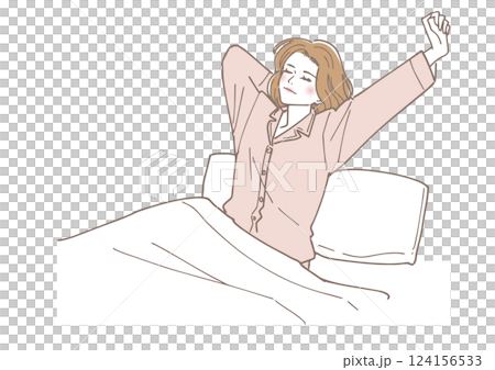 A woman who wakes up refreshed in the morning and stretches A woman who wakes up refreshed in the morning and stretches 124156533