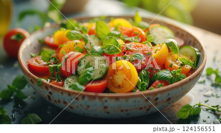 Ai generated ripe tomatoes, crisp cucumbers, and fragrant basil nestled in rustic bowl, showcasing bright summer salad with zesty seasoning 124156551