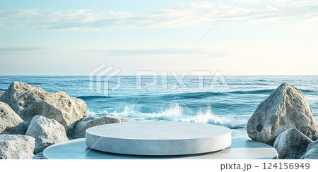 3d presentation pedestal made of stone in the ocean. 3d rendering of mockup of presentation podium for display or advertising purposes.  124156949