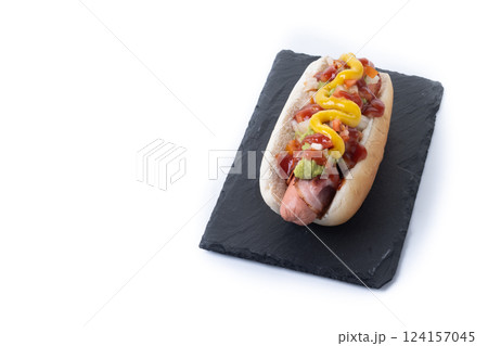 Sonoran hot dog. Traditional Mexican hot dog isolated on white background 124157045