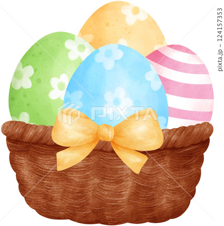Cute Easter Eggs in a Wicker basket, watercolor illustration Cute Easter Eggs in a Wicker basket, watercolor illustration 124157353