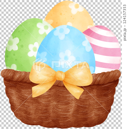 Cute Easter Eggs in a Wicker basket, watercolor illustration Cute Easter Eggs in a Wicker basket, watercolor illustration 124157353