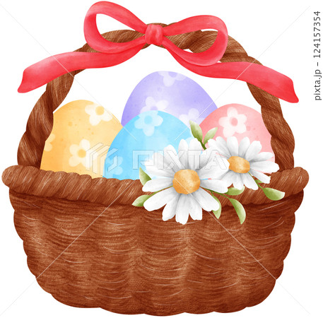 Cute Easter Eggs in a Wicker basket, watercolor illustration Cute Easter Eggs in a Wicker basket, watercolor illustration 124157354