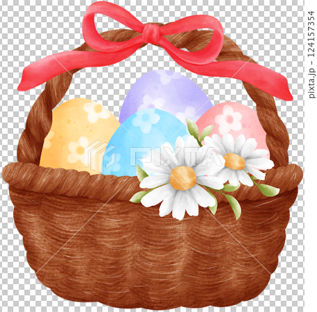 Cute Easter Eggs in a Wicker basket, watercolor illustration Cute Easter Eggs in a Wicker basket, watercolor illustration 124157354