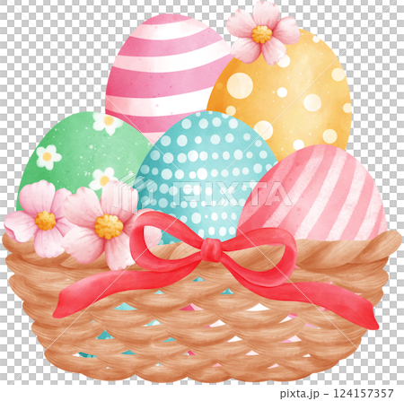 Cute Easter Eggs in a Wicker basket, watercolor illustration 124157357