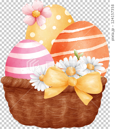 Cute Easter Eggs in a Wicker basket, watercolor illustration Cute Easter Eggs in a Wicker basket, watercolor illustration 124157358