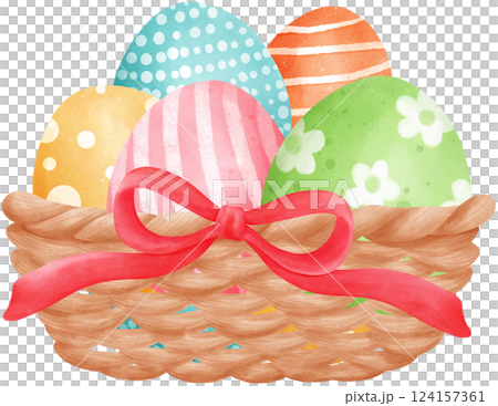 Cute Easter Eggs in a Wicker basket, watercolor illustration Cute Easter Eggs in a Wicker basket, watercolor illustration 124157361