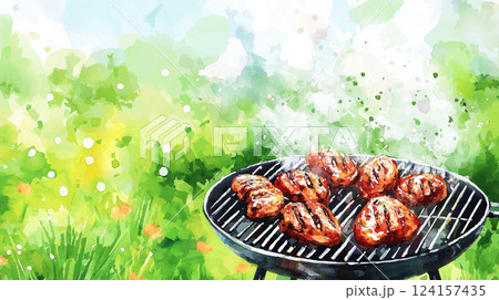Grilled chicken watercolor illustration captures delicious bbq experience in vibrant outdoor setting, barbecue. concept of summer cooking, outdoor barbecuing, culinary art, gourmet dining. 124157435