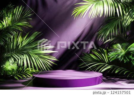 Ai generated purple podium surrounded by lush tropical leaves, creating a luxurious and natural backdrop for product displays 124157501