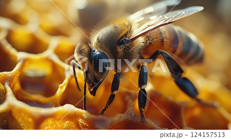 Ai generated close up honey bee collecting nectar on honeycomb, golden light illuminating intricate wax cells and busy pollinator Ai generated close up honey bee collecting nectar on honeycomb, golden light illuminating intricate wax cells and busy pollinator 124157513