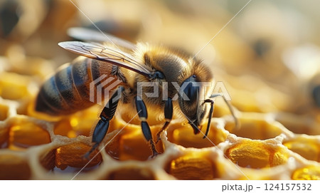 Ai generated honey bee gathering nectar within honeycomb, revealing delicate worker details and hive structure 124157532
