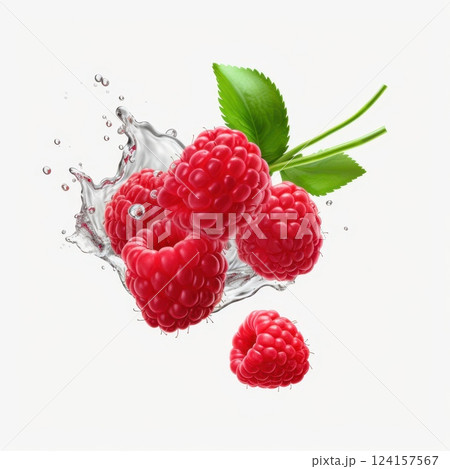 Ai generated ripe raspberries with green leaves 124157567