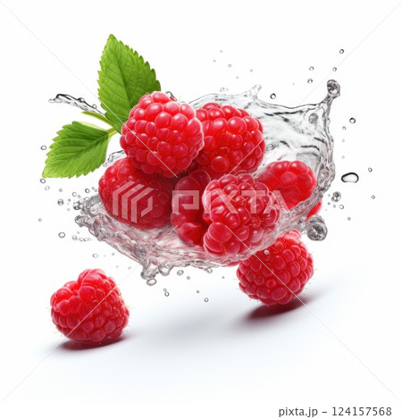 Ai generated ripe raspberries with green leaves 124157568
