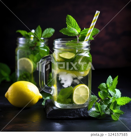 Ai generated ice cold summer beverage with mint 124157585