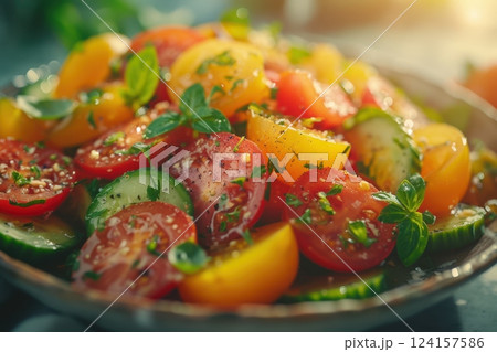 Ai generated sliced tomatoes and cucumbers seasoned with fresh herbs create a vibrant and refreshing summer salad 124157586