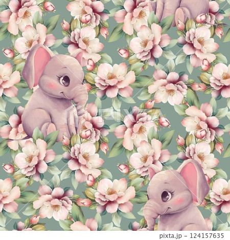 Seamless pattern with hand drawn flowers and cute elephants 124157635