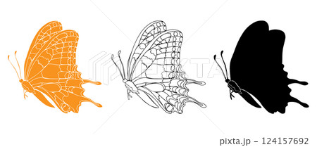 Butterfly black ink line art, silhouette illustrations and gold foil. Insect set for coloring page, tattoo, hand drawn stickers, coloring page. Vector illustration, isolate on white background Butterfly black ink line art, silhouette illustrations and gold foil. Insect set for coloring page, tattoo, hand drawn stickers, coloring page. Vector illustration, isolate on white background 124157692