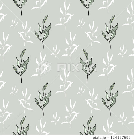 Floral greenery hand drawn seamless pattern with small line art leaves Perfect for background, textile, or wrapping paper A delicate, repeating pattern Minimalist and elegant aesthetic 124157693