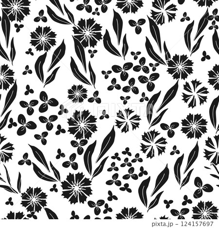 Floral silhouette seamless pattern with little spring flower. Simple design for textile design, scrapbook, wallpaper, hand drawn elements. Black and white background Floral silhouette seamless pattern with little spring flower. Simple design for textile design, scrapbook, wallpaper, hand drawn elements. Black and white background 124157697