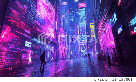 電気街っぽい繁華街 サイバーパンク風の未来都市 電気街っぽい繁華街 サイバーパンク風の未来都市 124157861