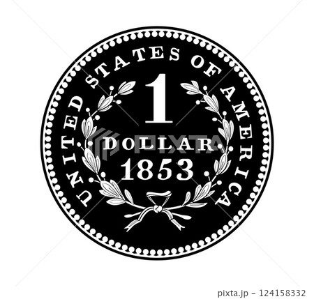 Reverse of USA coin in 1 dollar, 1853. The coin is depicted in black and white. Vector illustration. 124158332