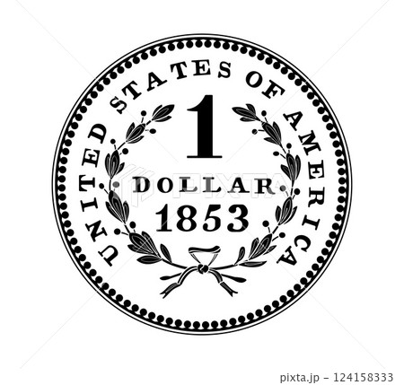 Reverse of USA coin in 1 dollar, 1853. The coin is depicted in black and white. Vector illustration. 124158333