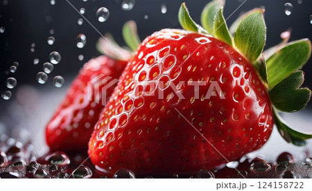 黒バック　水滴が瑞々しい新鮮なイチゴ 124158722