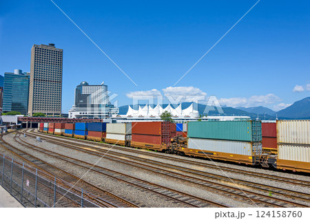 Container double cargo train going via downtown of Vancouver 124158760